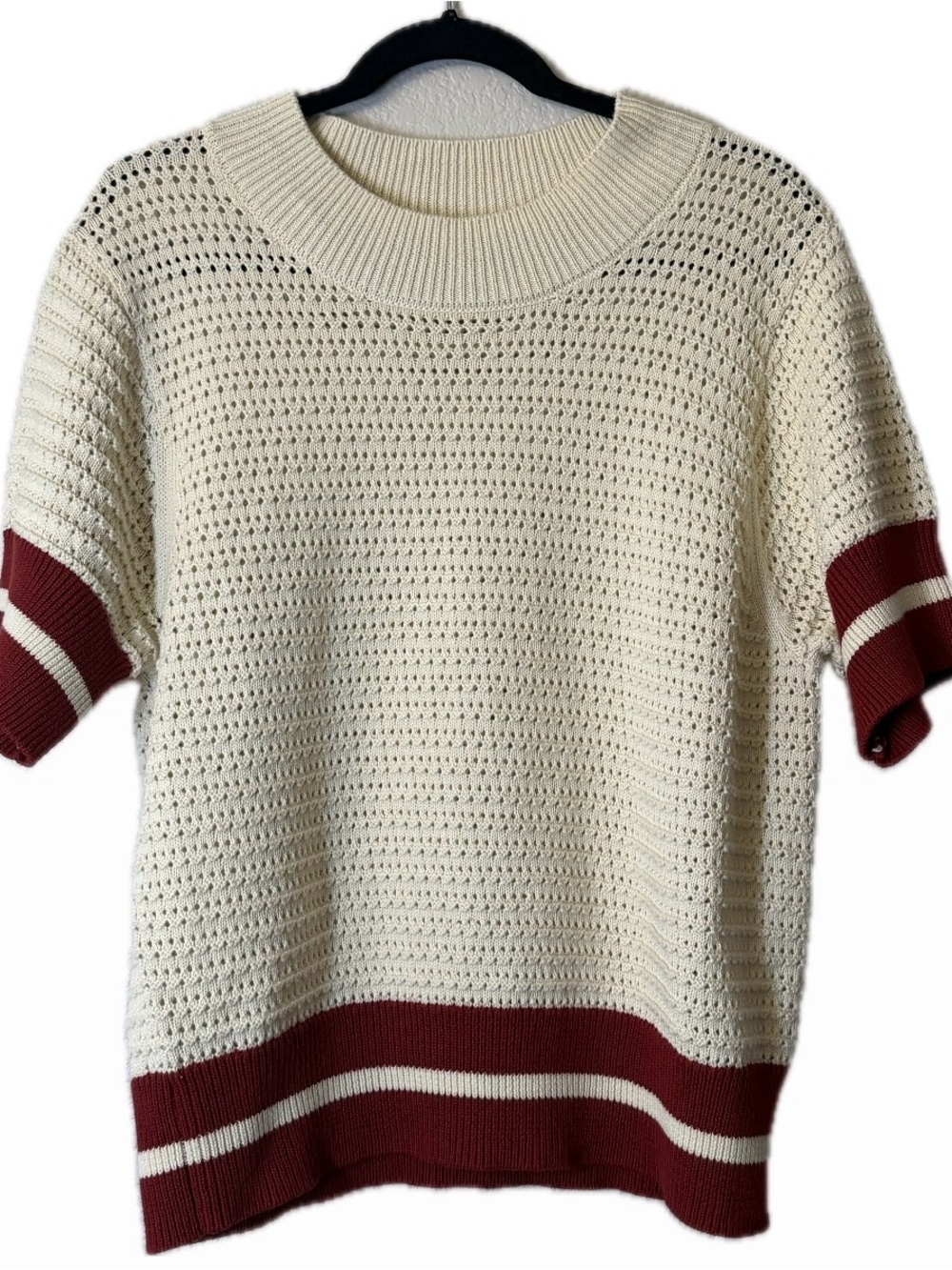Kut from the Kloth Cream Knit Short Sleeve Sweater with Red Trim size Large - Picture 4 of 8